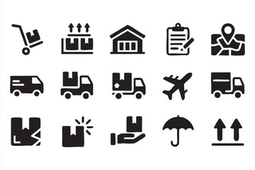 Warehouse and shipping vector set with checklist location and courier symbols