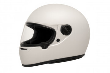 White motorcycle helmet protecting rider, showcasing sleek design and safety features against transparent backdrop