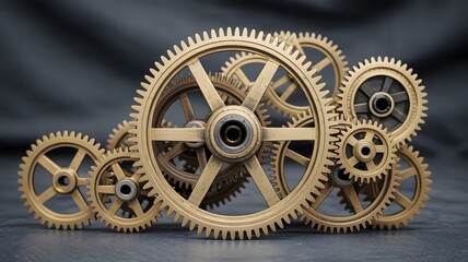 Golden gears interlocking in a complex mechanical arrangement against a dark background