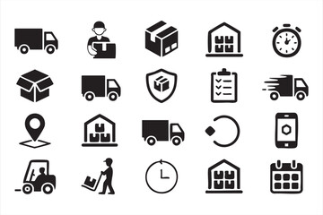 Warehouse and distribution icon pack with forklift packages and goods design