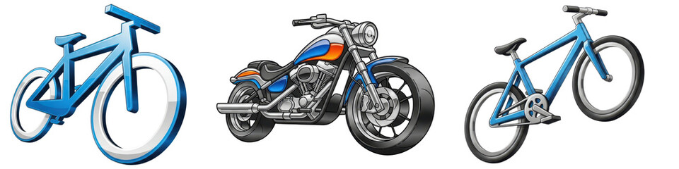 Collection of vehicles including bicycle and motorcycle isolated on transparent background