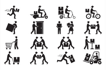 Shipping and courier service icon pack with parcels forklift and transport symbols