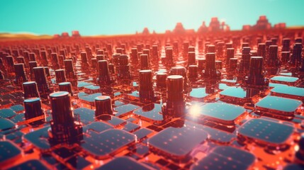 Obraz premium abstract futuristic cityscape, modern architectural landscape, geometric structures in red and blue hues, dynamic light and shadow, surreal and dreamlike atmosphere, cinematic visual style, 8k, highly