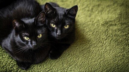 Two black cats with green eyes sitting together on a green textured blanket