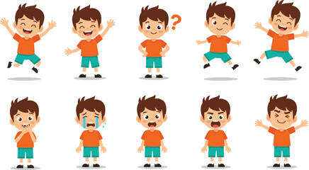 Boy cartoon character showing emotions, different facial expressions, happy sad angry surprised crying, children feelings, mood, psychology, illustration, character set.
