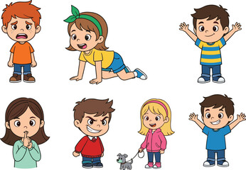 Cartoon children showing emotions and activities, happy, sad, playful kids illustration with different expressions and actions for education and fun
