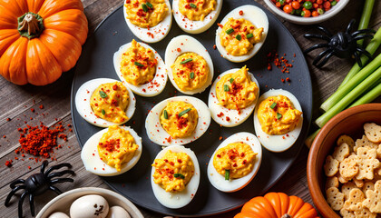 Devilish deviled eggs on buffet table with Halloween motifs, festive delight