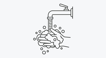 Illustration of hands being washed under a faucet with soap and bubbles