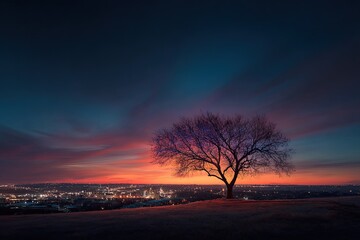 Obraz premium Silhouetted tree at dawn over city