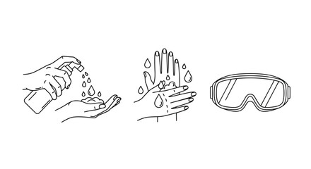 Line art icons showing hand sanitization and safety goggles
