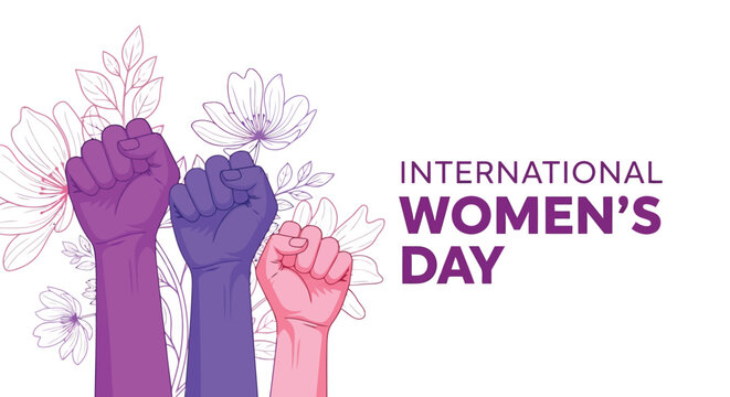 International womens day with raised fists and flowers