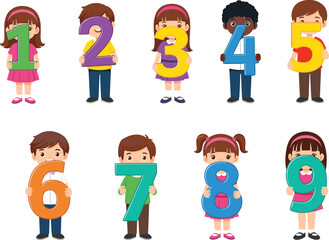 Cartoon kids holding colorful numbers from 1 to 9, educational illustration for children learning math, counting and preschool classroom design