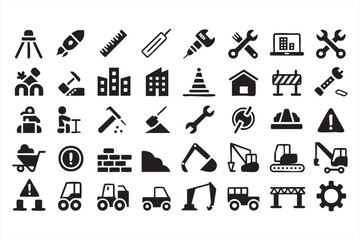 Construction doodle icon pack with tools machinery and construction site graphics