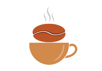 A steaming coffee bean sits atop a brown coffee cup