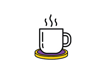 A simple line drawing of a white mug with steam rising from it, placed on a purple and yellow coaster