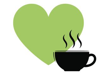 Green heart and steaming coffee cup