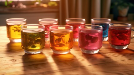 a variety of colorful shot glasses filled with different liquids, arranged on a wooden table with a fireplace in the background, vibrant, warm lighting, cozy atmosphere, intricate details, high resolu
