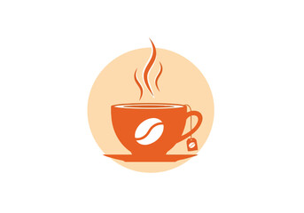 Orange coffee cup with tea bag and coffee bean