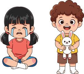 Sad crying girl cartoon sitting on floor with tears, happy smiling boy holding bunny plush toy, emotional kids illustration