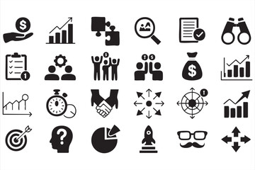 Business management doodle icons with corporate teamwork and goal setting
