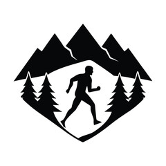Silhouette of a man running through mountains and pine trees