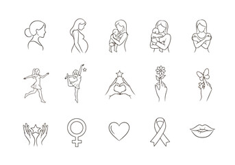 Collection of line art icons representing women and feminine themes