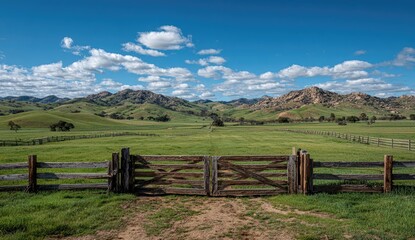 Open wooden gate in a vast green field, mountains in the distance