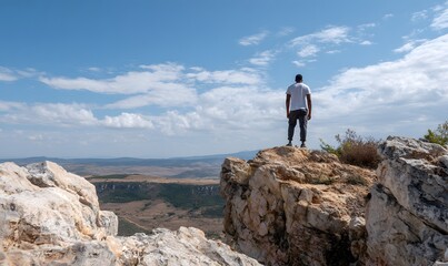 a man stands on top of the rocky cliff, looking down at us from above, with his back to the viewer. the sky is blue and clear, and there are some white clouds in it