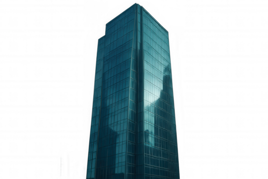 Modern glass skyscraper reflecting another building on transparent background, perfect for architecture and urban development projects