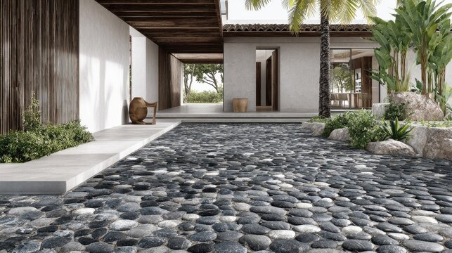 A paved courtyard with smooth, round stones.