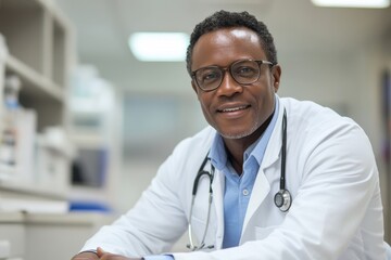Portrait of a confident male doctor sitting at a workplace in a hospital, smiling at the camera while holding his glasses, demonstrating expertise and professionalism in healthcare, Generative AI