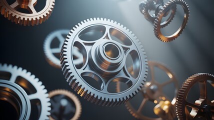 Interlocking metallic gears in motion, showcasing precision engineering and mechanical complexity