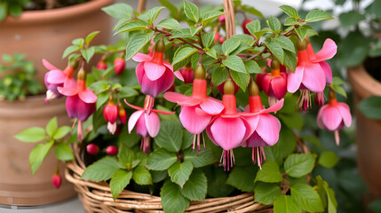 Beautiful fuchsia flowering plants in old wicker pot