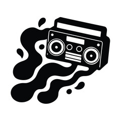 Black and white illustration of a boombox with abstract ink splash