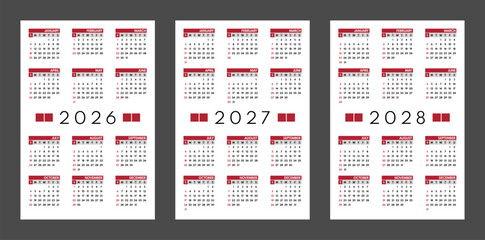 2026 2027 2028 pocket size 12 month calendars, whole year grid, american month names, sunday first, one weekend