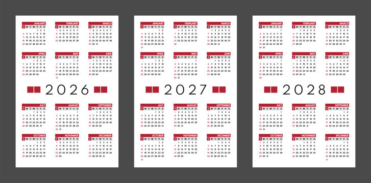 2026 2027 2028 pocket size 12 month calendars, whole year grid, american month names, sunday first, one weekend