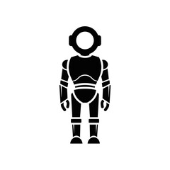 A black silhouette icon of a futuristic humanoid robot with a round head, standing on a white background.