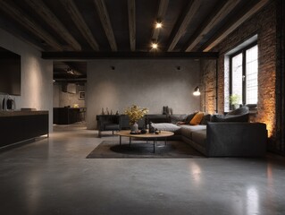 Fototapeta premium A modern loft living area with exposed beams, brick walls, and a muted color palette.