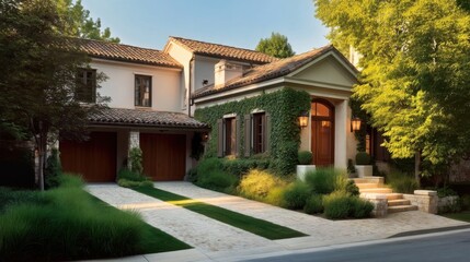 An elegant residential property with a quaint architecture, red-tiled roof, beige exterior covered with lush green ivy,