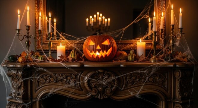 Spooky Halloween scene with a carved pumpkin, glowing candles, and eerie spider webs arranged on an antique wooden table