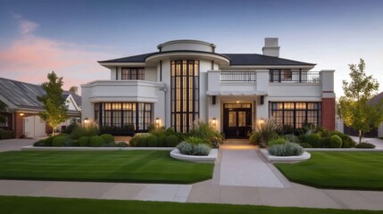 An elegant modern residence with white exterior walls, black window frames, and sleek metal railings,