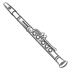 A detailed black and white line drawing illustration of a classical flute with its keys and embouchure hole