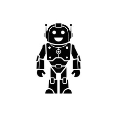 A black and white cartoon illustration of a friendly robot with a smiling face and antennae, standing upright.