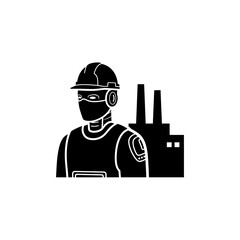 Silhouette of a robotic construction worker in front of a factory.