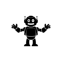 Friendly cartoon robot with open arms, welcoming gesture, simple design, black silhouette.
