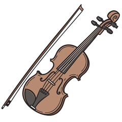 A simple illustration of a classical wooden violin and its bow on a white background