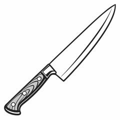 A stylized black and white illustration of a sharp chef s knife with a wooden handle on a white background