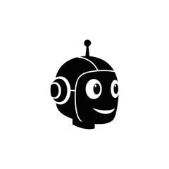 A friendly, stylized black and white illustration of a robot's head with large, expressive eyes and a smiling mouth, featuring a prominent antenna on its head.