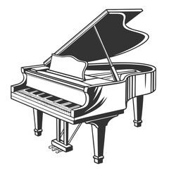 Classic grand piano with open lid and visible keyboard and pedals in a stylized black and white illustration