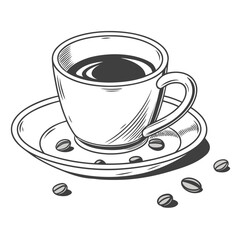 Classic black and white sketch of a steaming cup of coffee on a saucer with scattered coffee beans